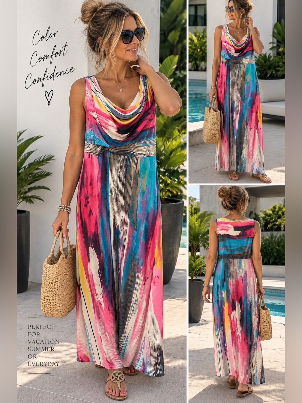 รlรฉgance Multicolor Abstract Cowl Neck Maxi Dress Medium